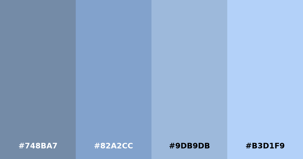 Color palette #748BA7 #82A2CC #9DB9DB #B3D1F9