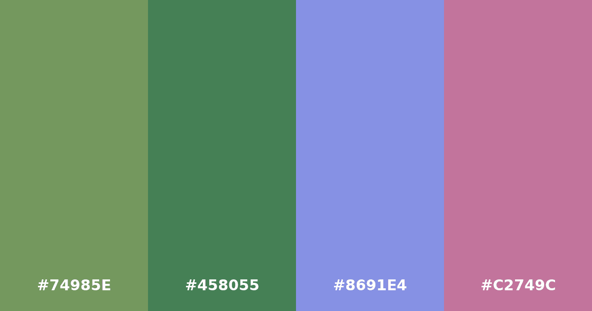 Color palette #74985E #458055 #8691E4 #C2749C