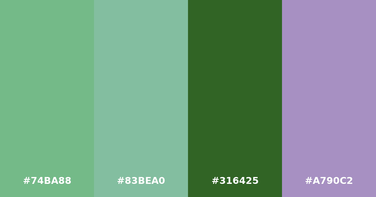 Color palette #74BA88 #83BEA0 #316425 #A790C2