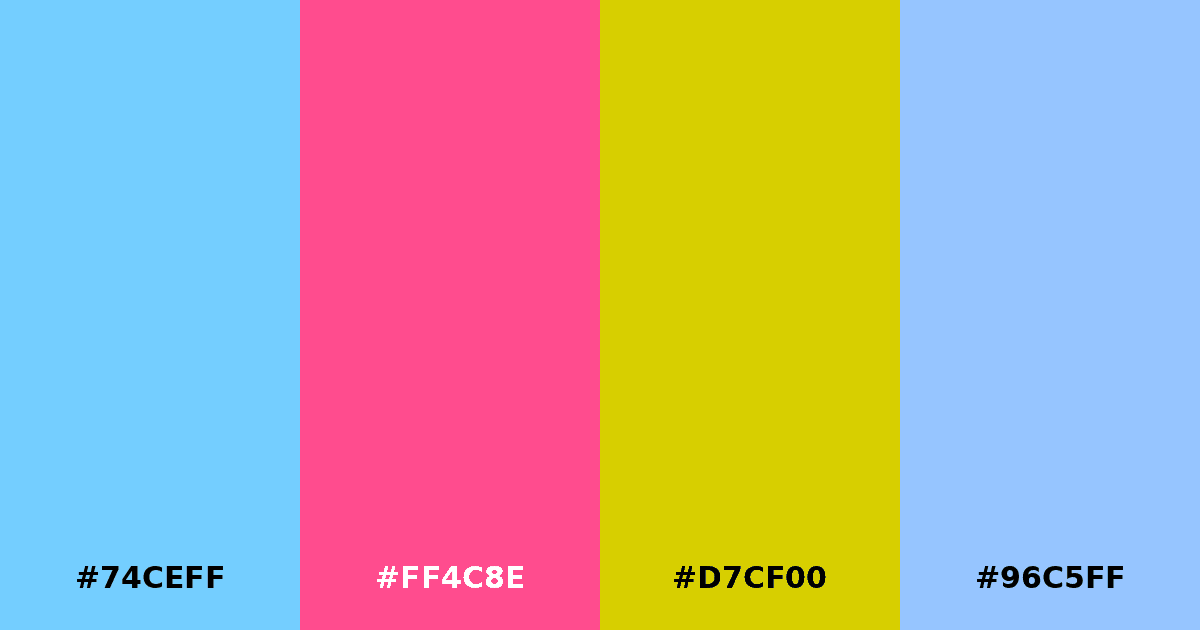 Color palette #74CEFF #FF4C8E #D7CF00 #96C5FF