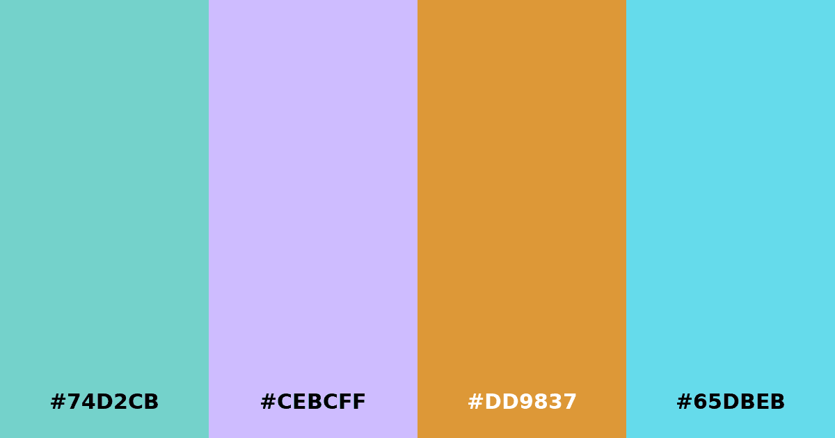 Color palette #74D2CB #CEBCFF #DD9837 #65DBEB