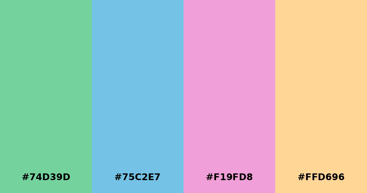 Color palette #74D39D #75C2E7 #F19FD8 #FFD696