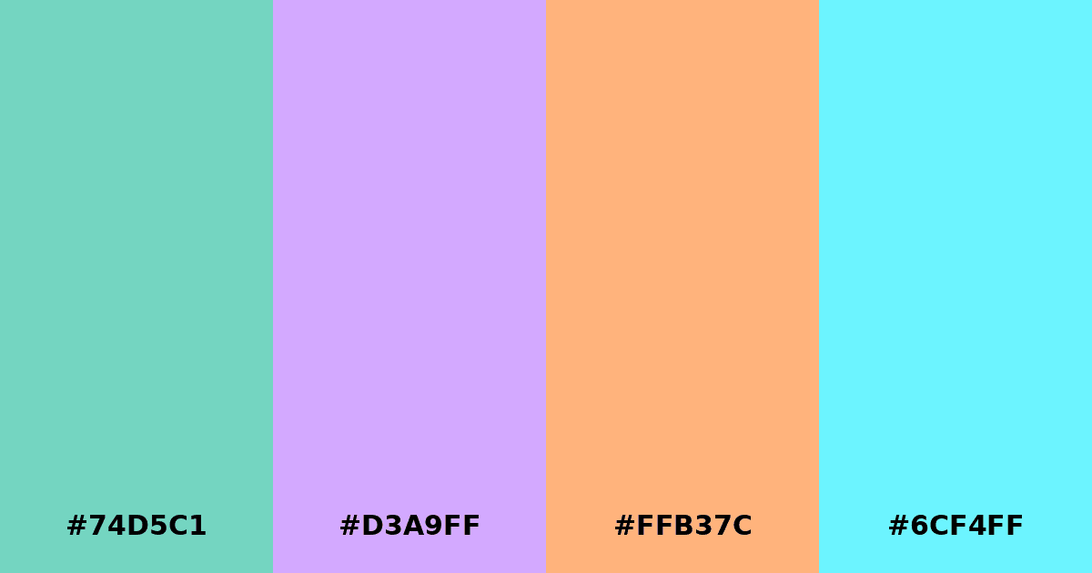 Color palette #74D5C1 #D3A9FF #FFB37C #6CF4FF