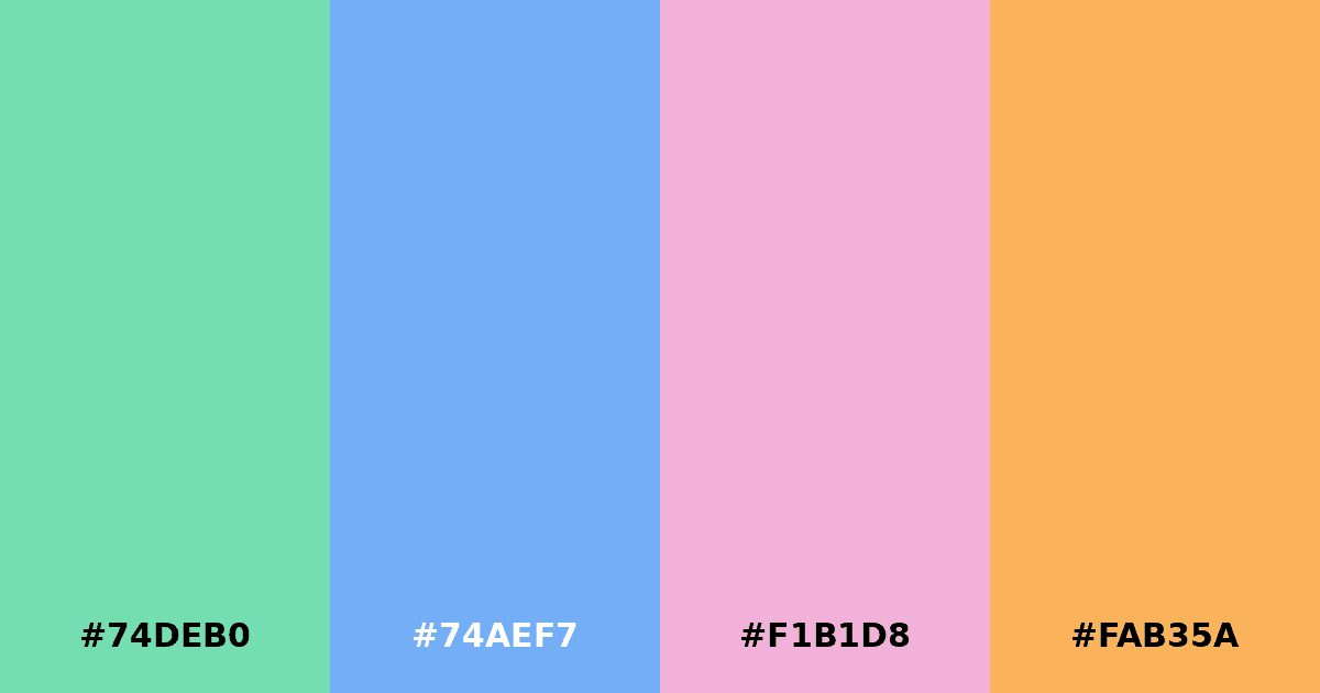 Color palette #74DEB0 #74AEF7 #F1B1D8 #FAB35A
