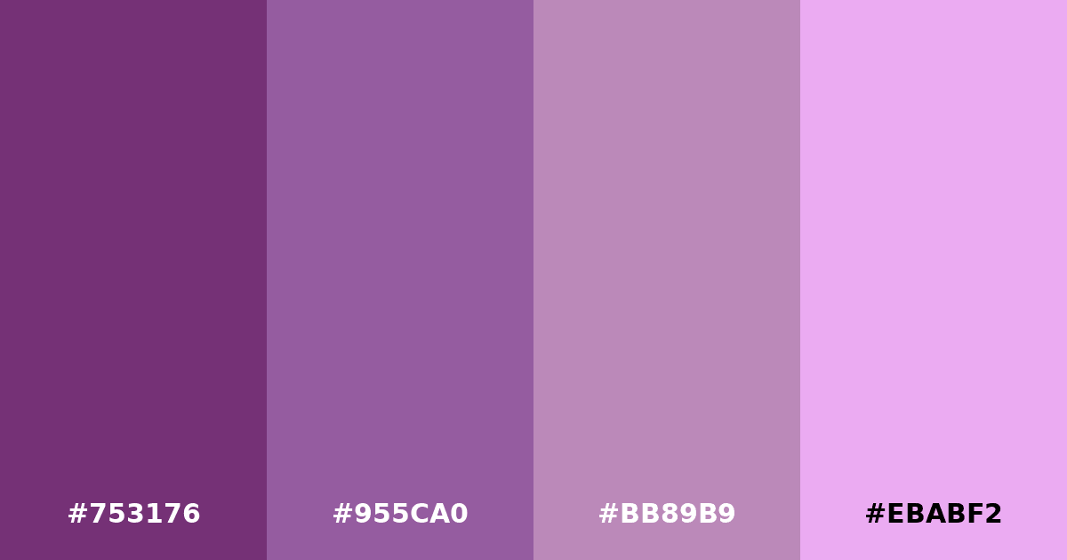 Color palette #753176 #955CA0 #BB89B9 #EBABF2