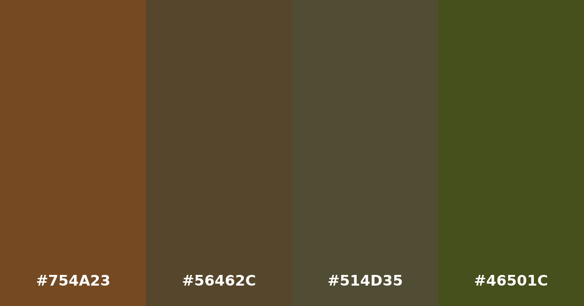 Color palette #754A23 #56462C #514D35 #46501C