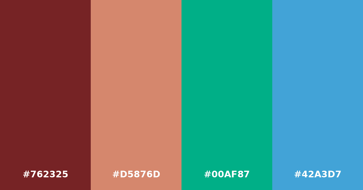 Color palette #762325 #D5876D #00AF87 #42A3D7
