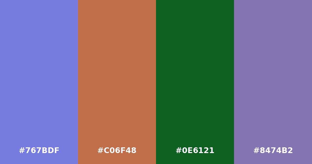 Color palette #767BDF #C06F48 #0E6121 #8474B2