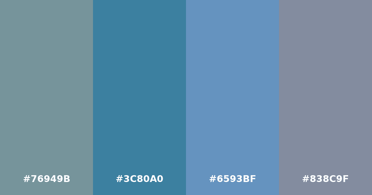 Color palette #76949B #3C80A0 #6593BF #838C9F