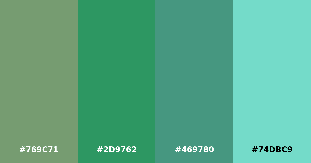 Color palette #769C71 #2D9762 #469780 #74DBC9