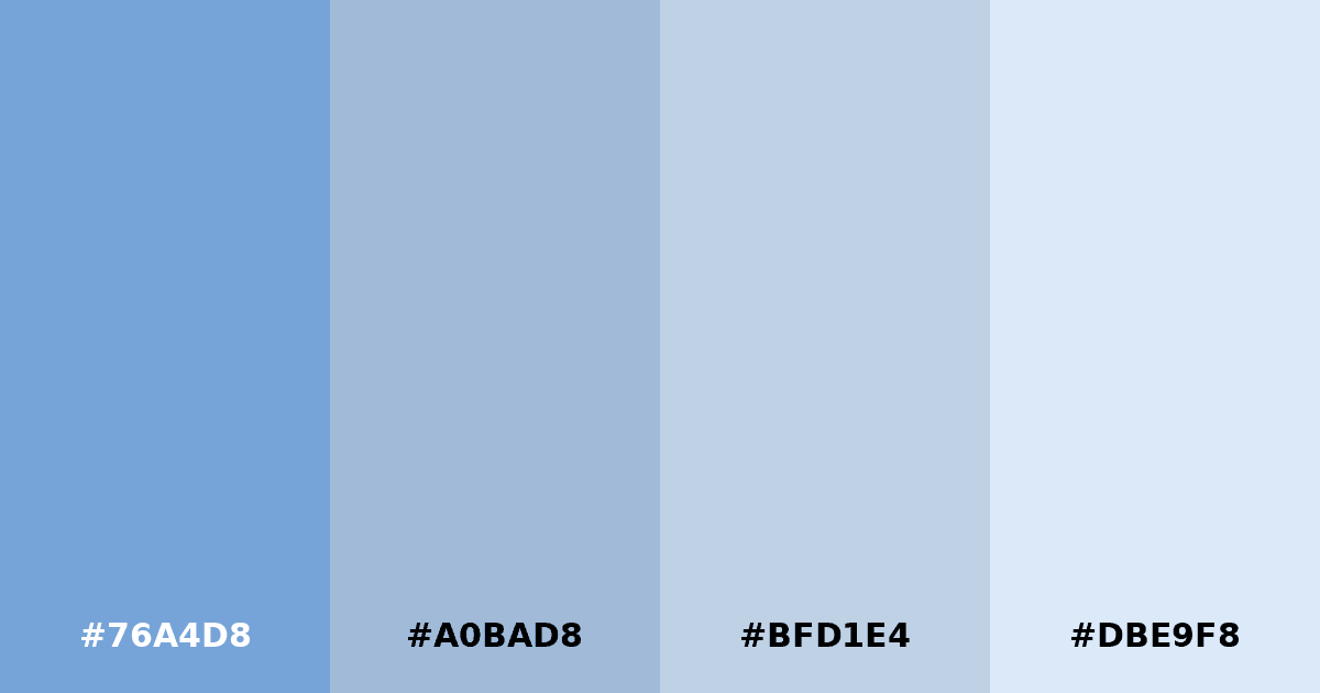 Color palette #76A4D8 #A0BAD8 #BFD1E4 #DBE9F8