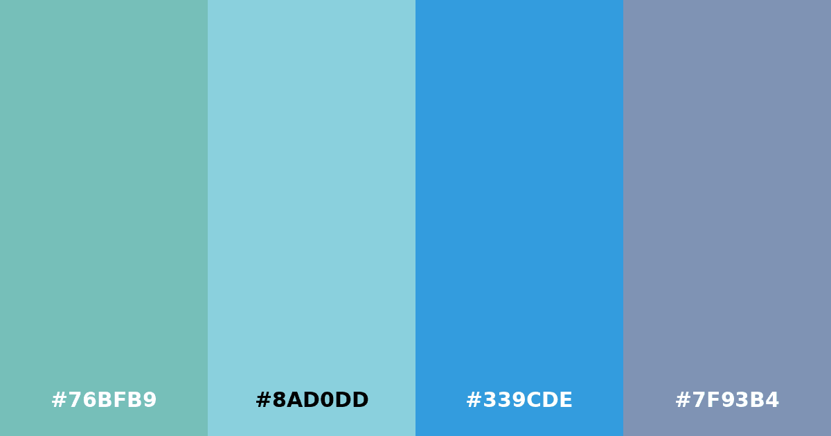 Color palette #76BFB9 #8AD0DD #339CDE #7F93B4