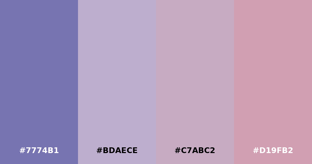 Color palette #7774B1 #BDAECE #C7ABC2 #D19FB2