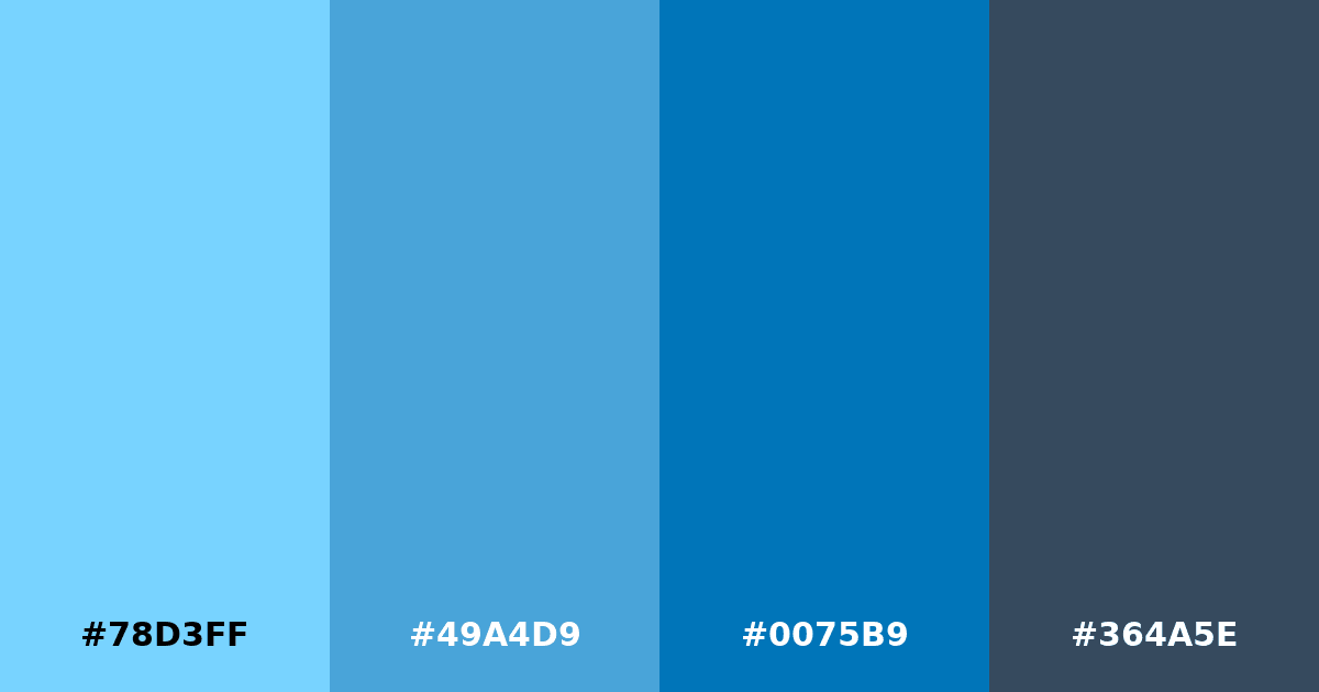 Color palette #78D3FF #49A4D9 #0075B9 #364A5E