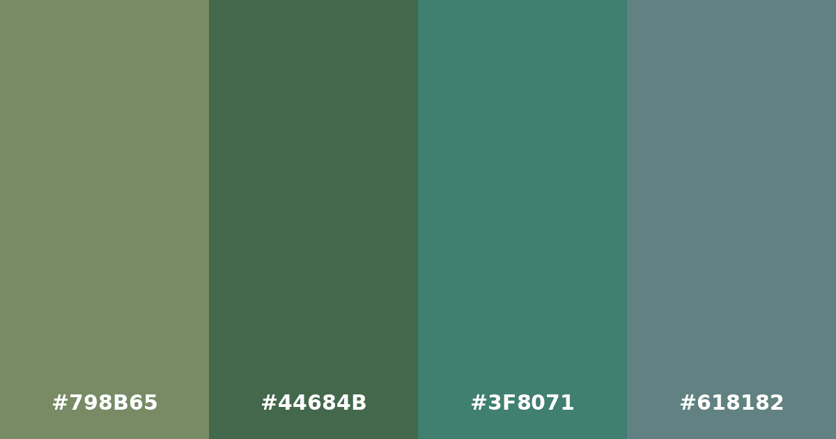 Color palette #798B65 #44684B #3F8071 #618182