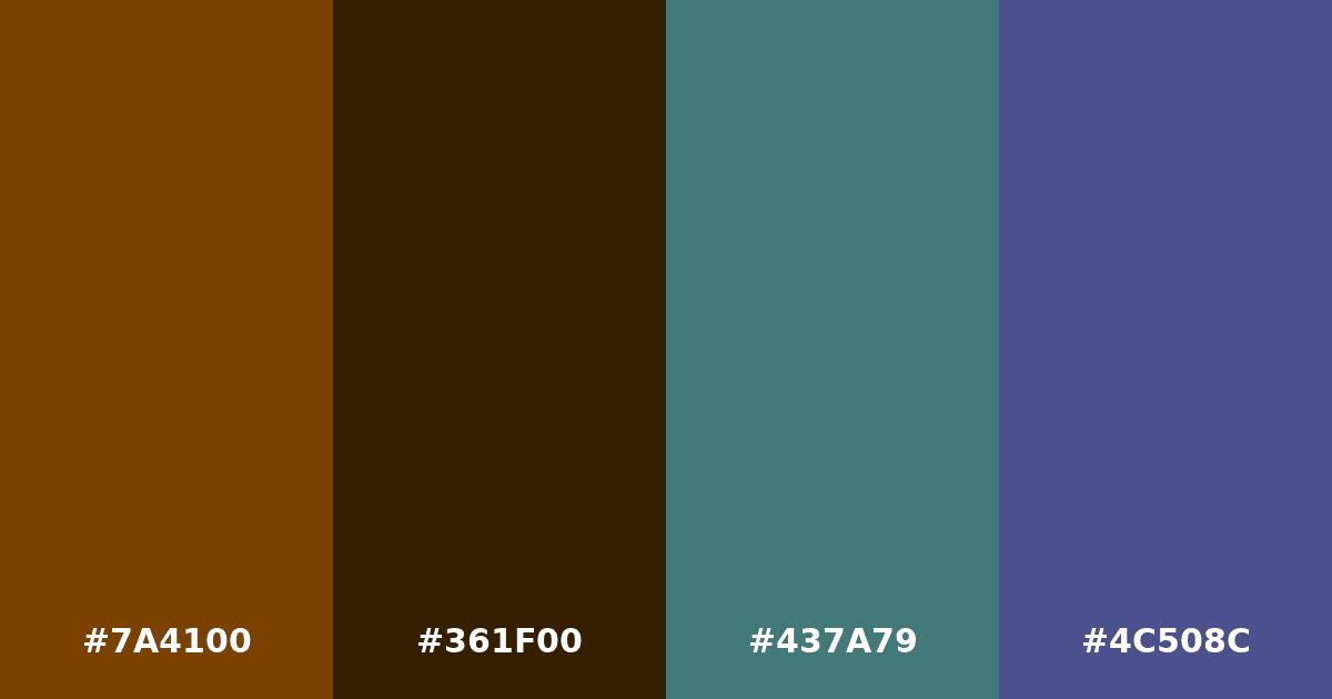 Color palette #7A4100 #361F00 #437A79 #4C508C