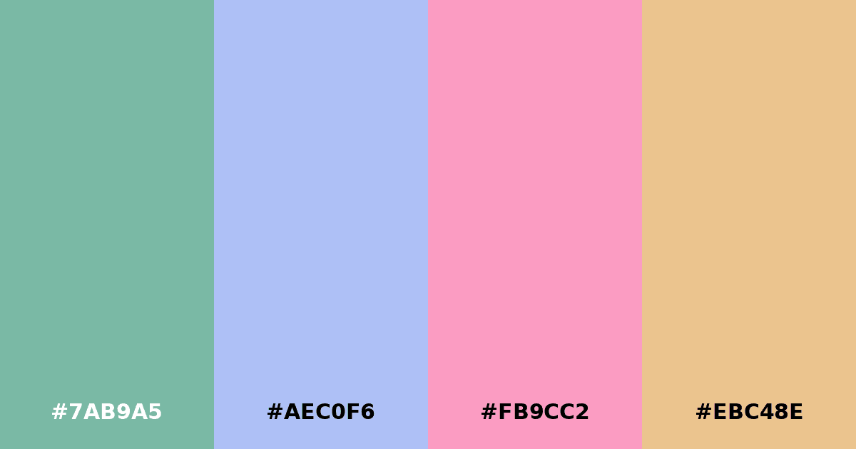 Color palette #7AB9A5 #AEC0F6 #FB9CC2 #EBC48E