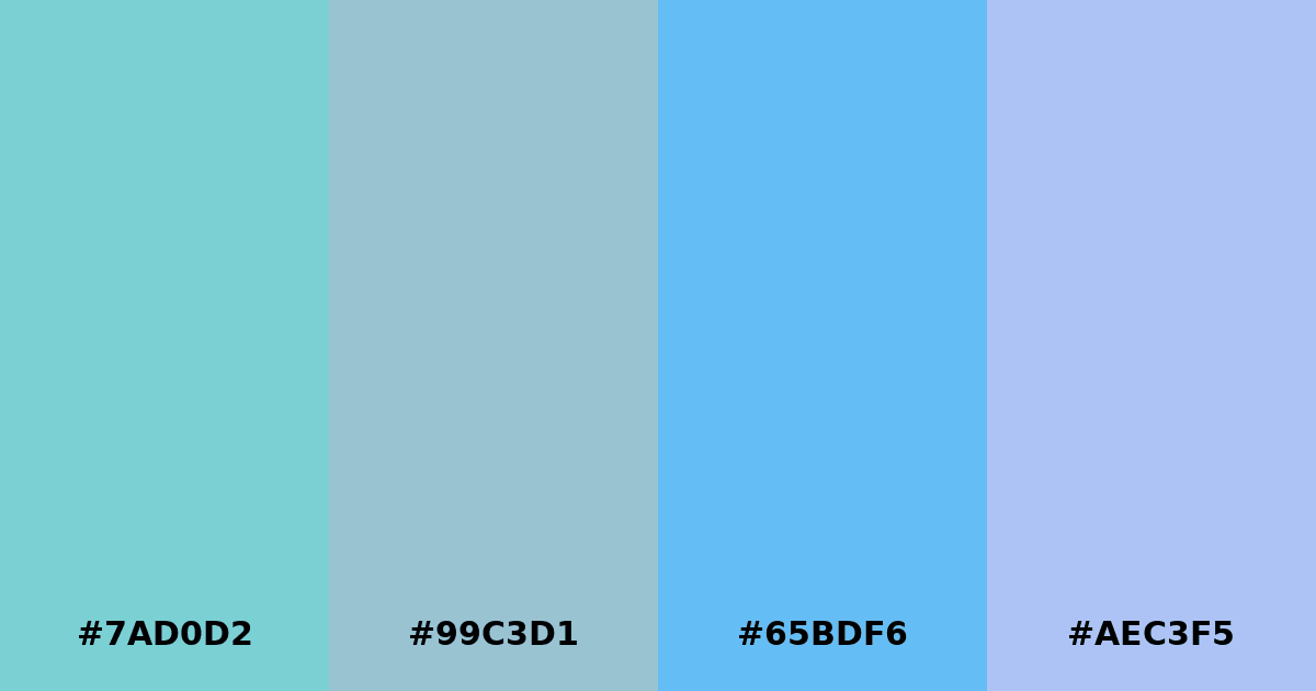 Color palette #7AD0D2 #99C3D1 #65BDF6 #AEC3F5