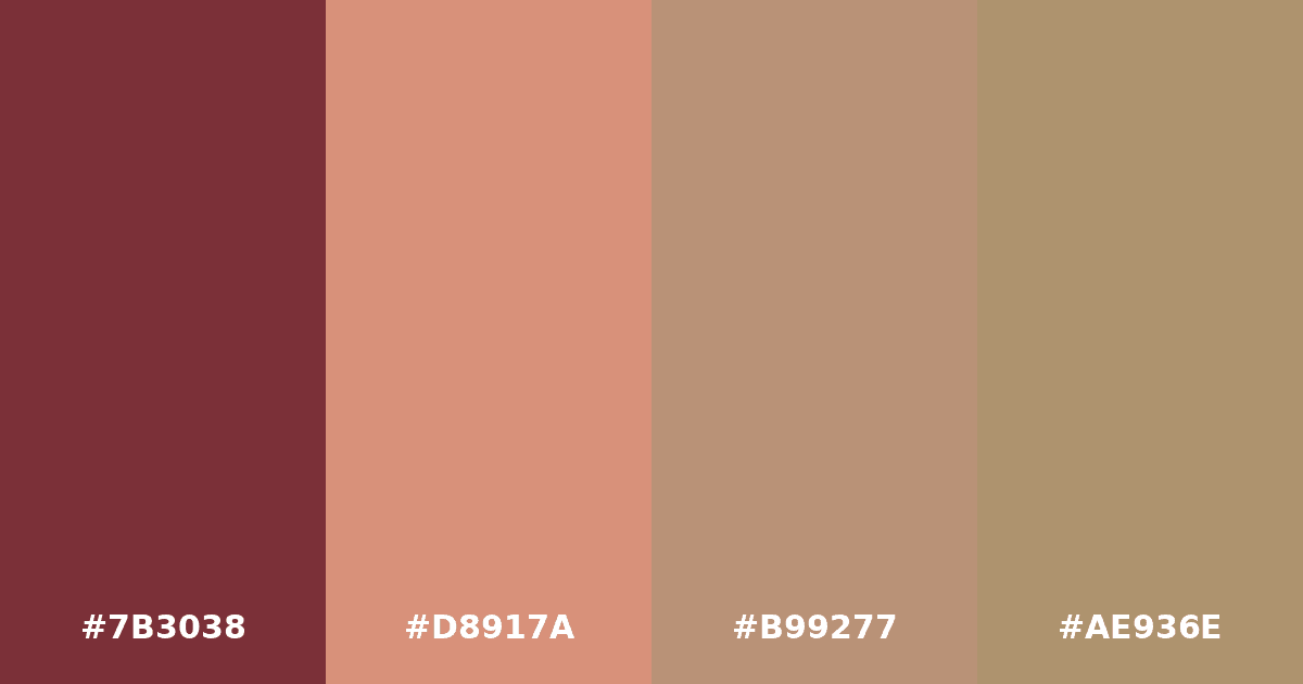 Color palette #7B3038 #D8917A #B99277 #AE936E