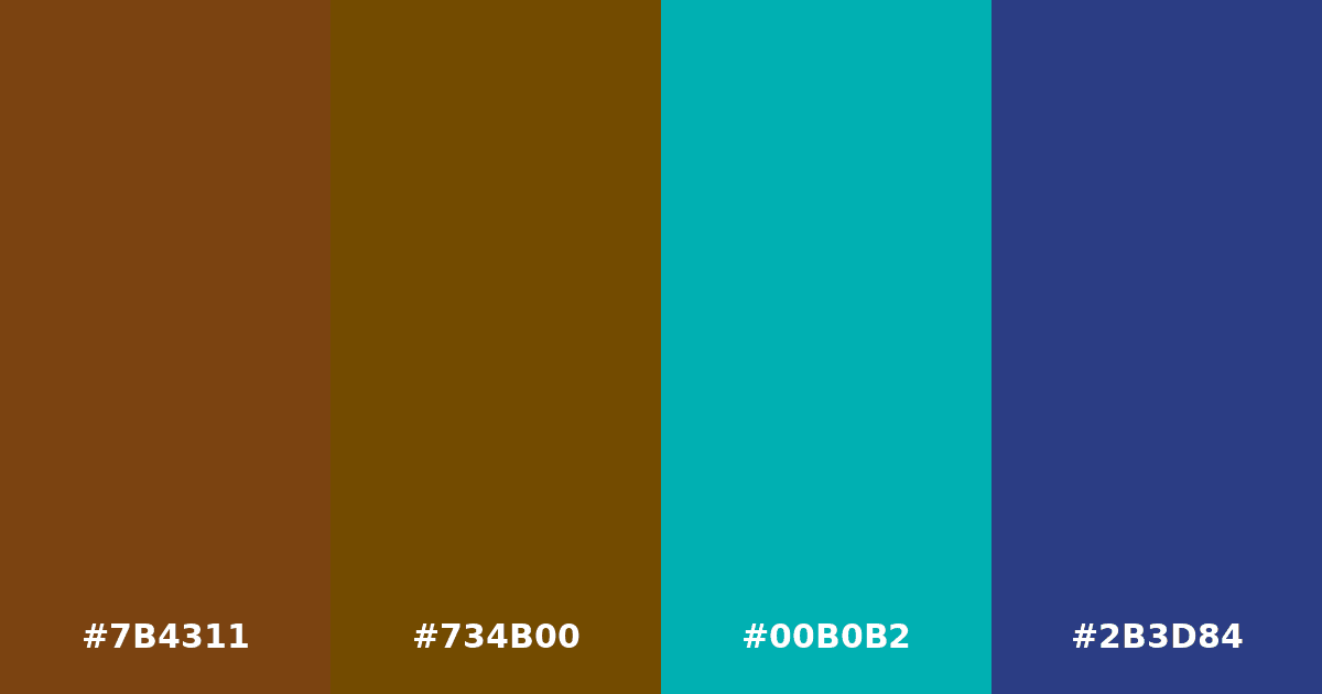 Color palette #7B4311 #734B00 #00B0B2 #2B3D84