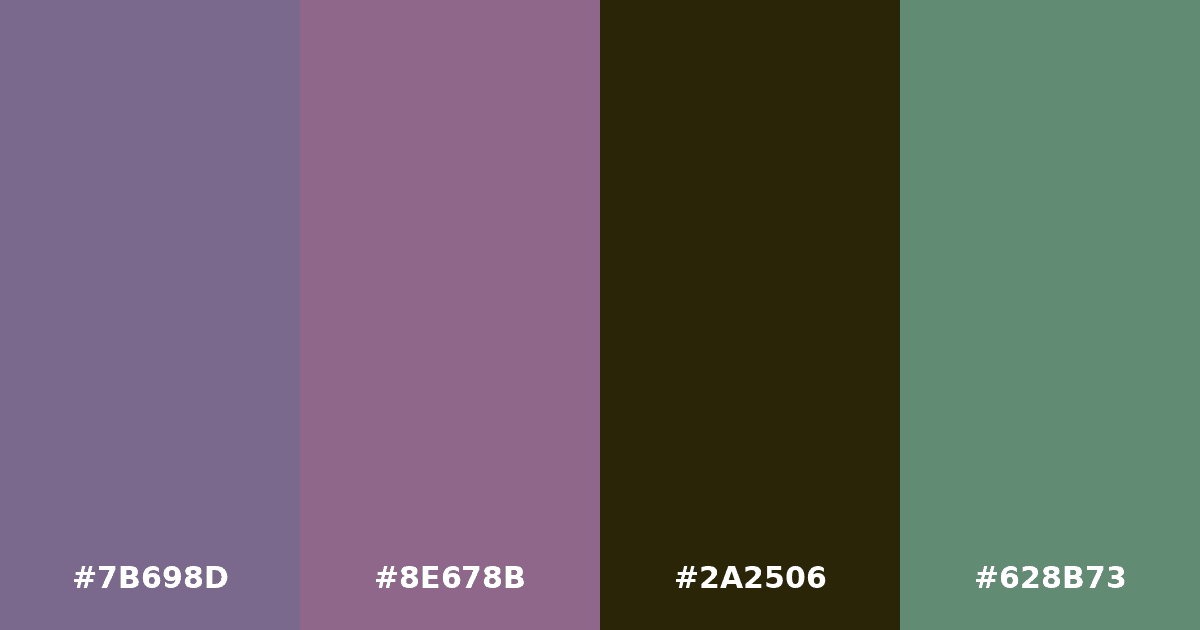 Color palette #7B698D #8E678B #2A2506 #628B73