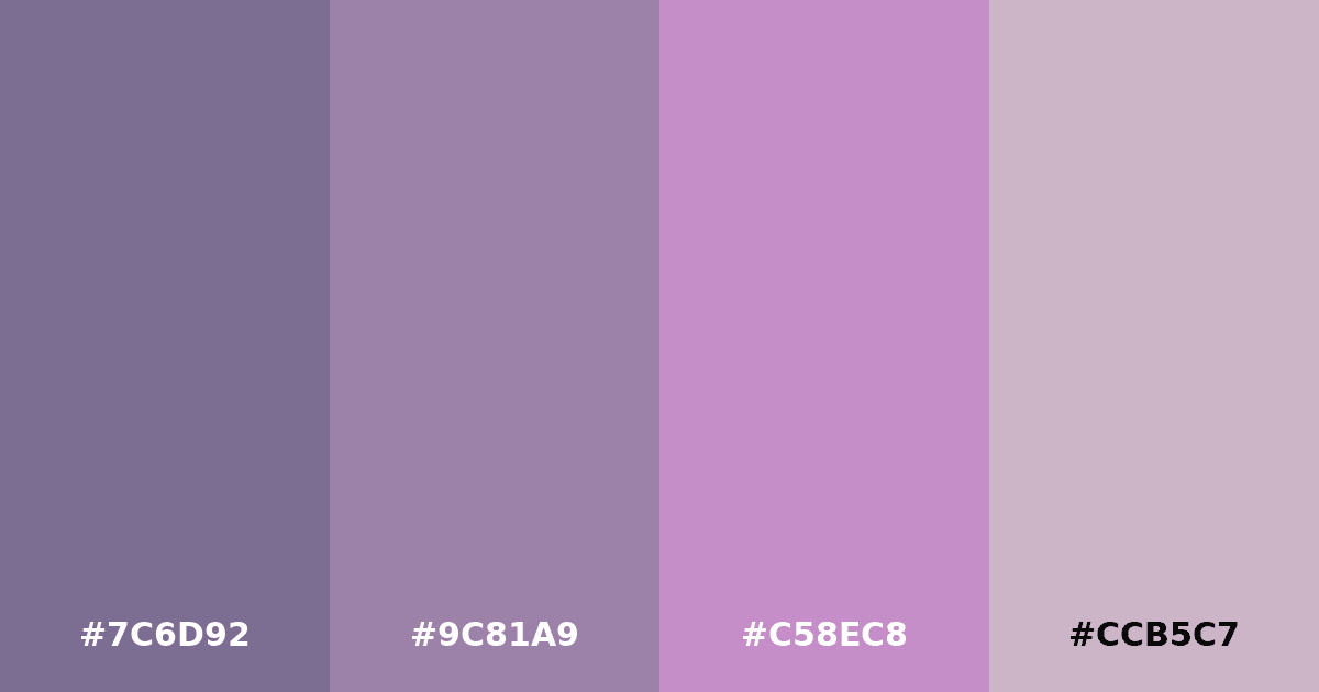 Color palette #7C6D92 #9C81A9 #C58EC8 #CCB5C7