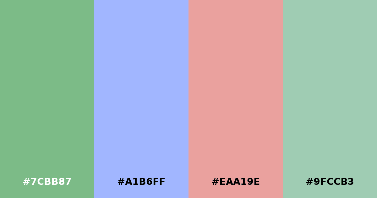 Color palette #7CBB87 #A1B6FF #EAA19E #9FCCB3