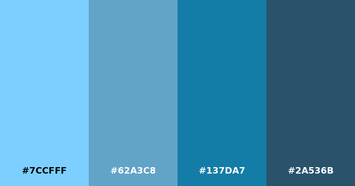 Color palette #7CCFFF #62A3C8 #137DA7 #2A536B
