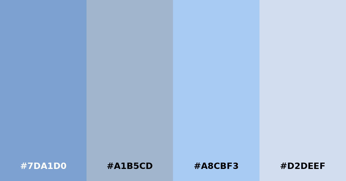 Color palette #7DA1D0 #A1B5CD #A8CBF3 #D2DEEF