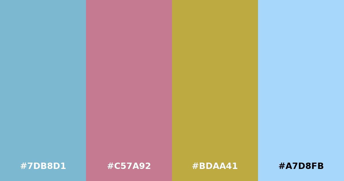 Color palette #7DB8D1 #C57A92 #BDAA41 #A7D8FB