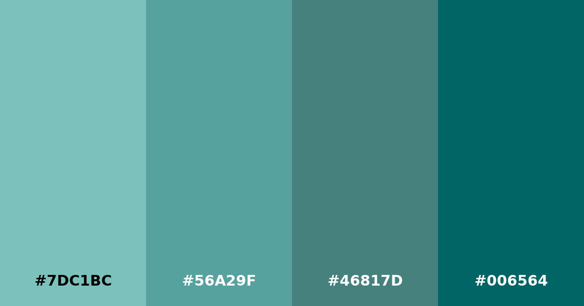 Color palette #7DC1BC #56A29F #46817D #006564