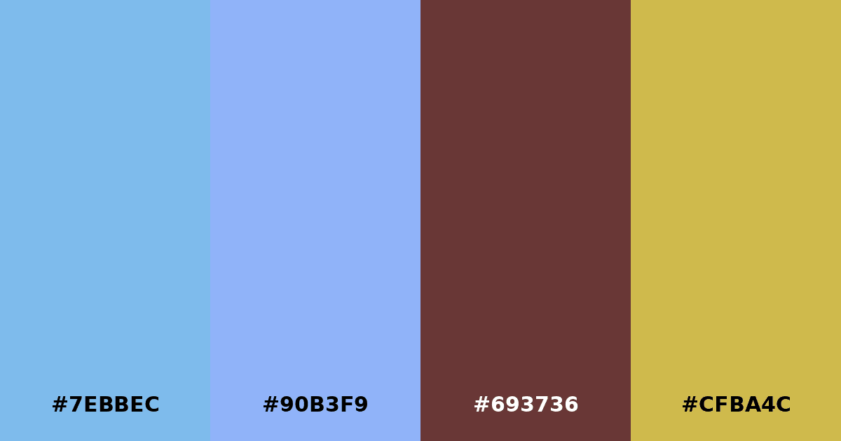Color palette #7EBBEC #90B3F9 #693736 #CFBA4C