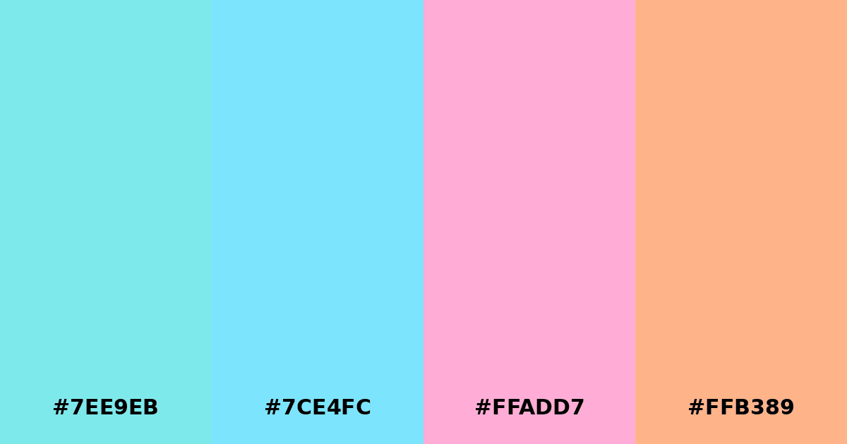 Color palette #7EE9EB #7CE4FC #FFADD7 #FFB389