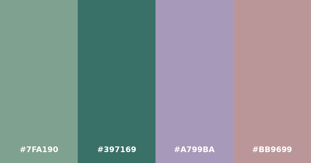 Color palette #7FA190 #397169 #A799BA #BB9699