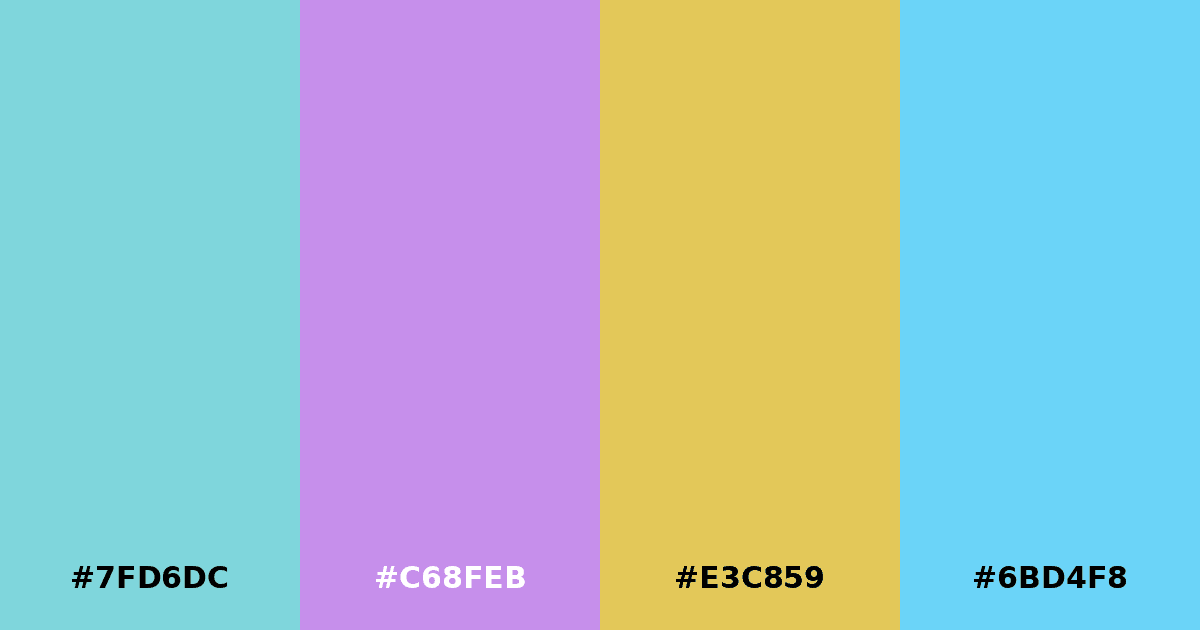 Color palette #7FD6DC #C68FEB #E3C859 #6BD4F8