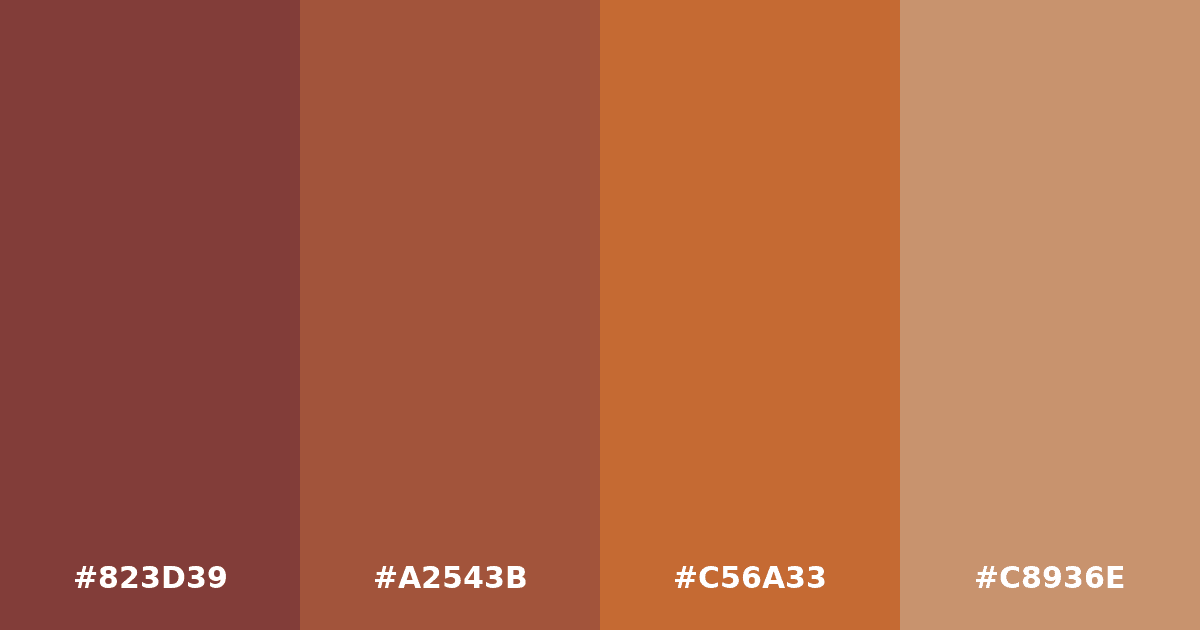 Color palette #823D39 #A2543B #C56A33 #C8936E