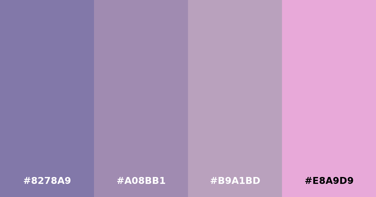 Color palette #8278A9 #A08BB1 #B9A1BD #E8A9D9