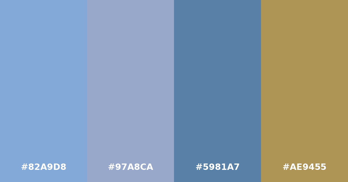 Color palette #82A9D8 #97A8CA #5981A7 #AE9455
