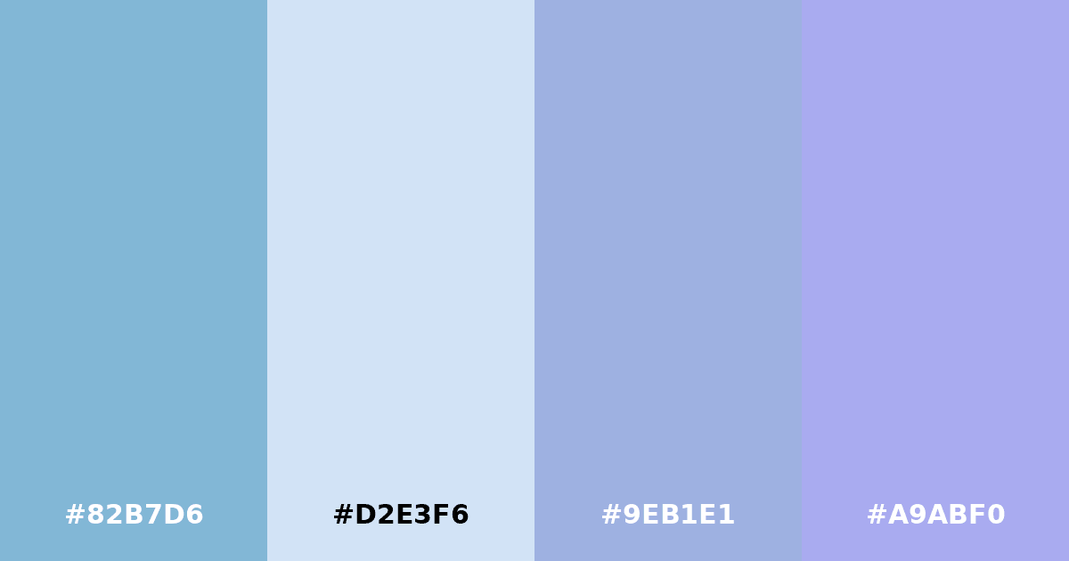 Color palette #82B7D6 #D2E3F6 #9EB1E1 #A9ABF0