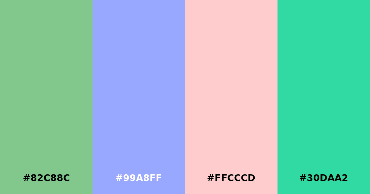 Color palette #82C88C #99A8FF #FFCCCD #30DAA2