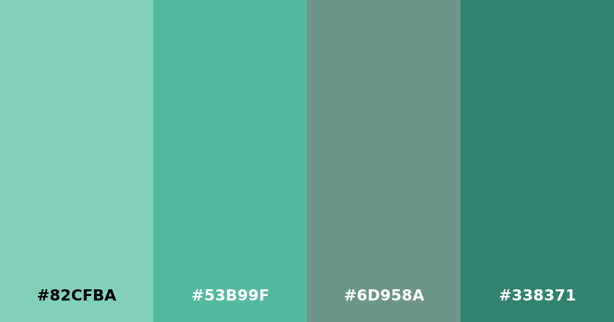 Color palette #82CFBA #53B99F #6D958A #338371