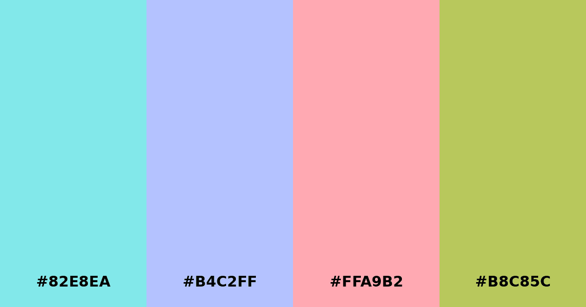 Color palette #82E8EA #B4C2FF #FFA9B2 #B8C85C