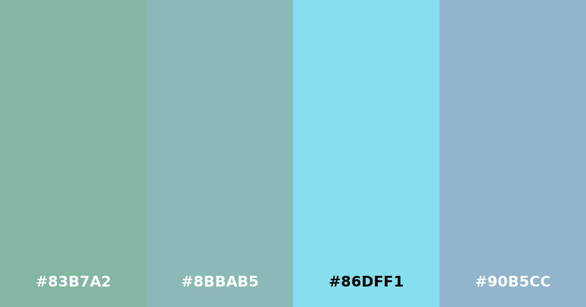 Color palette #83B7A2 #8BBAB5 #86DFF1 #90B5CC