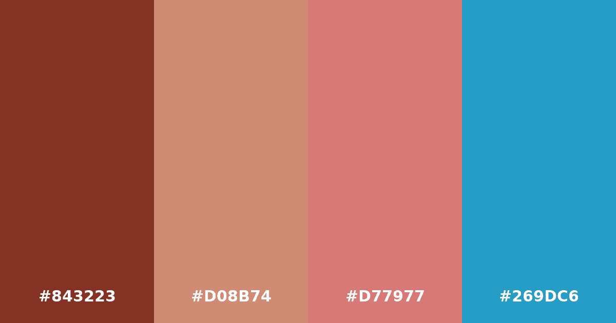 Color palette #843223 #D08B74 #D77977 #269DC6
