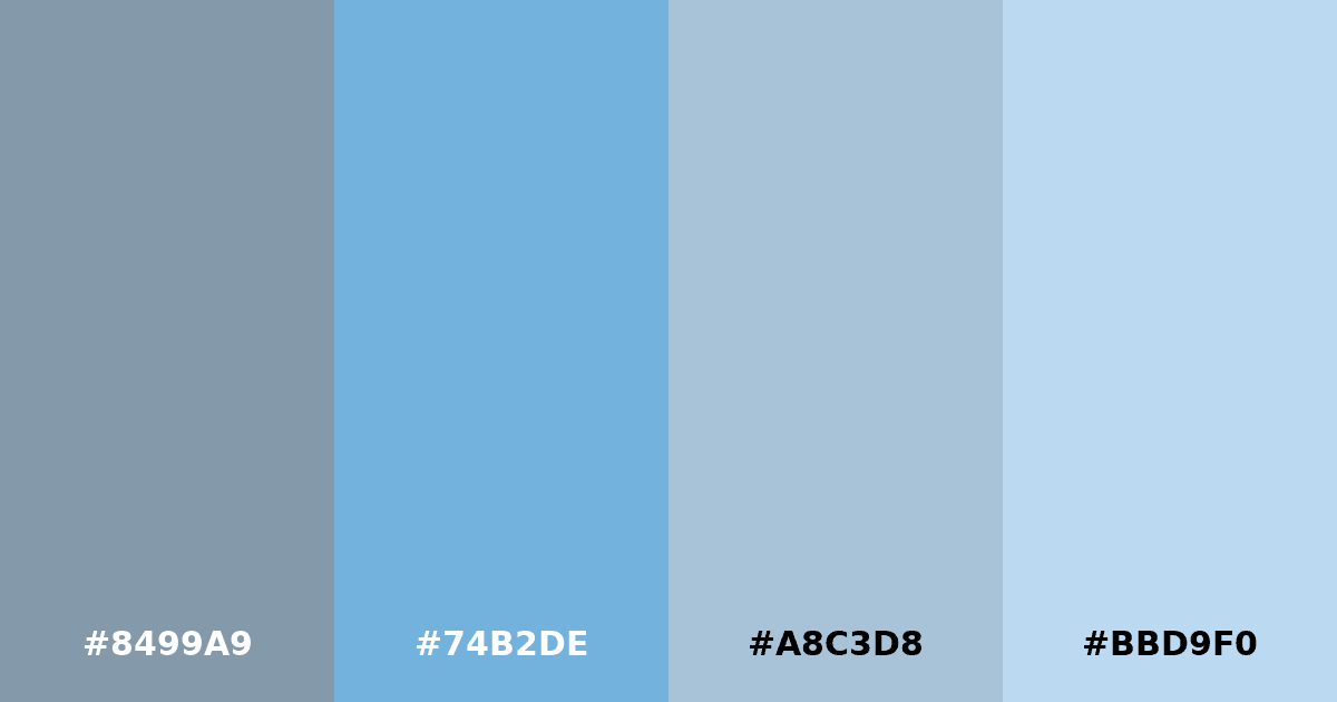 Color palette #8499A9 #74B2DE #A8C3D8 #BBD9F0