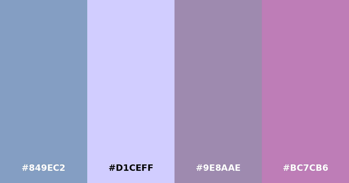 Color palette #849EC2 #D1CEFF #9E8AAE #BC7CB6