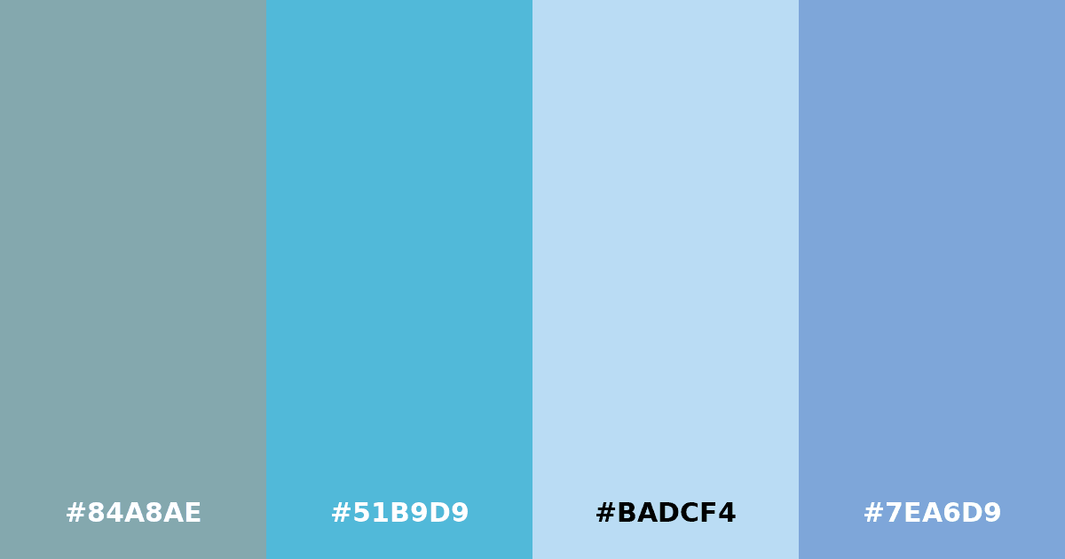 Color palette #84A8AE #51B9D9 #BADCF4 #7EA6D9