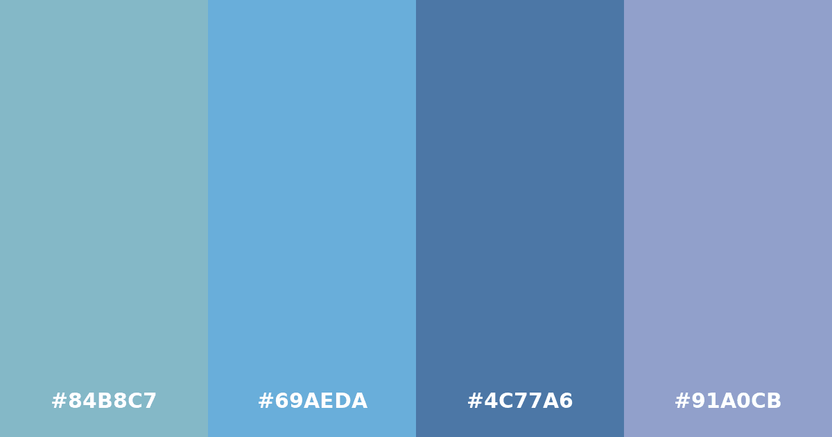 Color palette #84B8C7 #69AEDA #4C77A6 #91A0CB