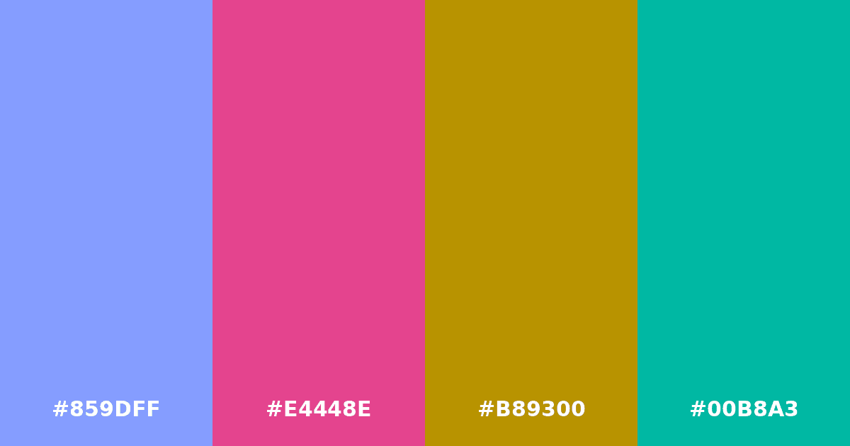 Color palette #859DFF #E4448E #B89300 #00B8A3