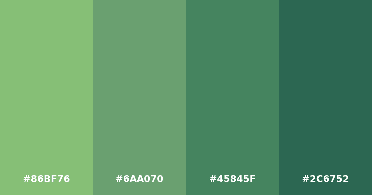Color palette #86BF76 #6AA070 #45845F #2C6752